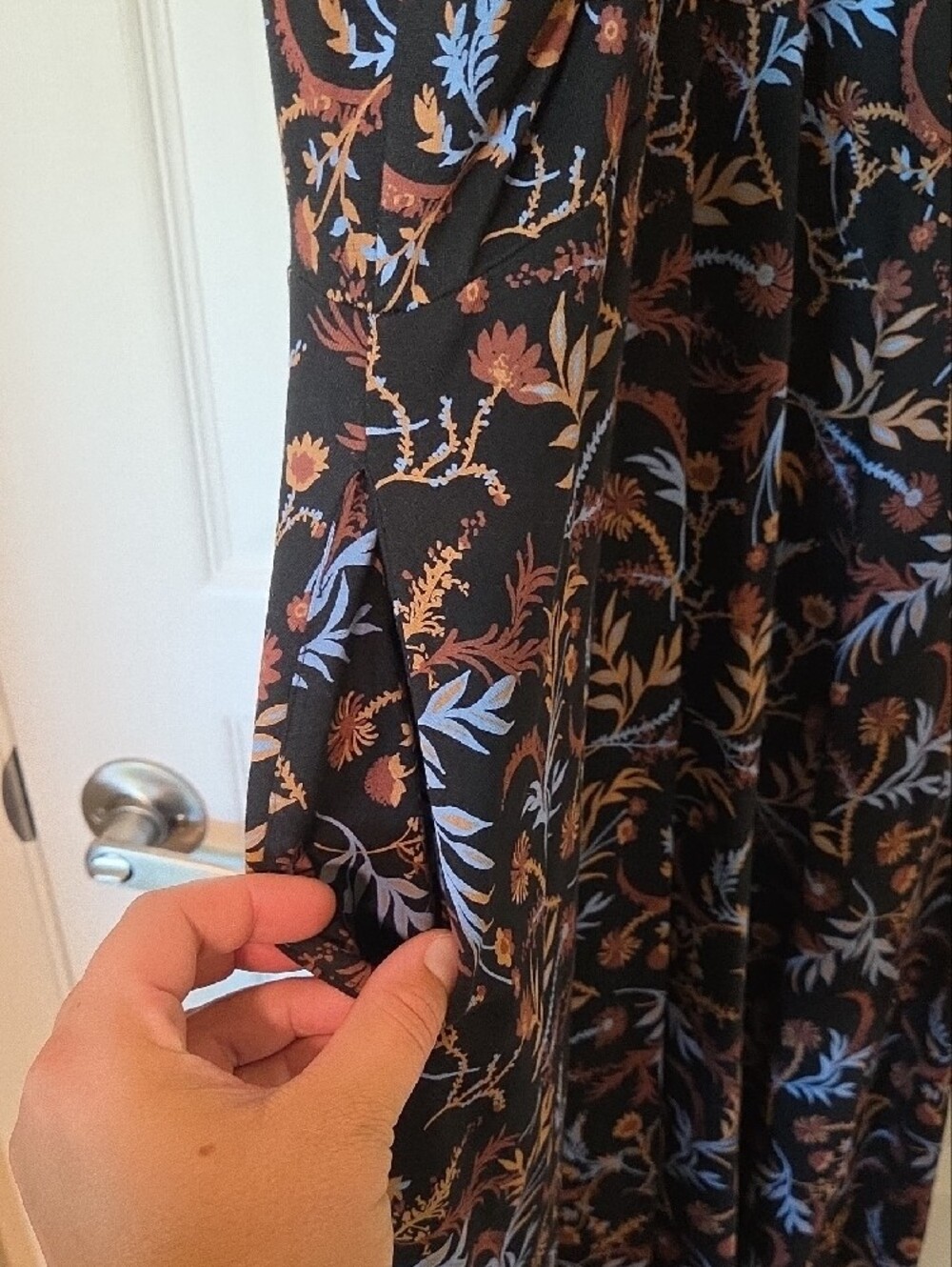 Black Floral Midi Dress with Blue and Tan Botanical Print - Picture 5 of 5